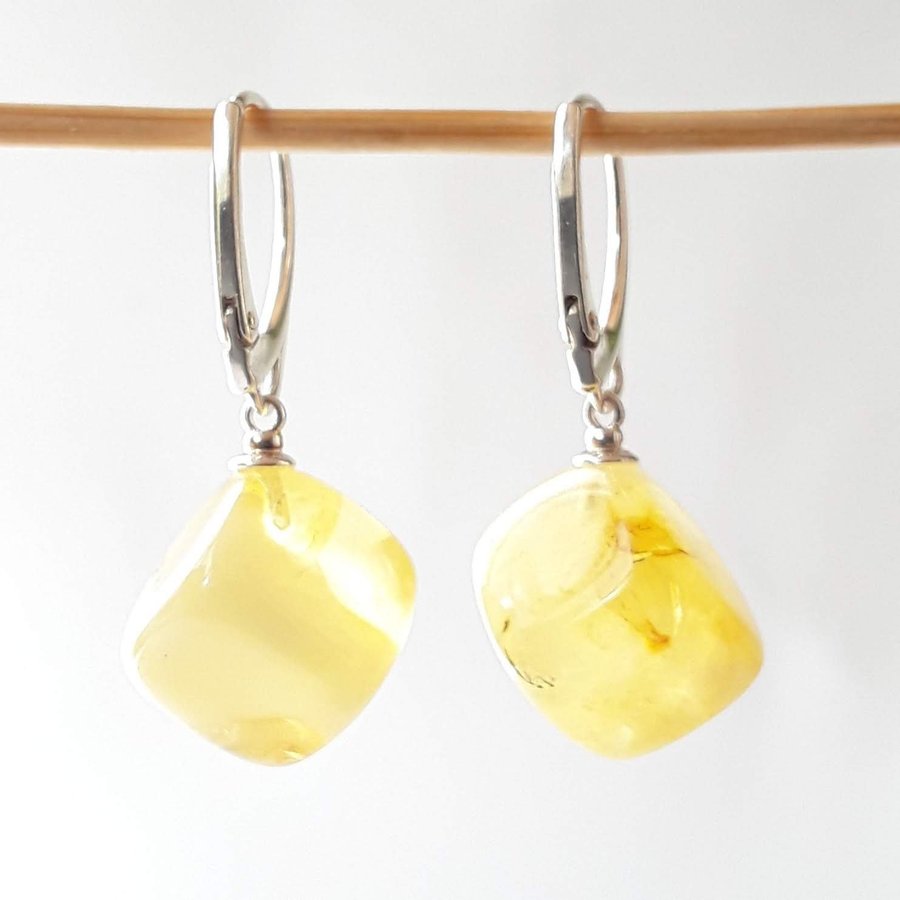 Baltic amber gemstone cube and 925 sterling silver dangle earrings lever back