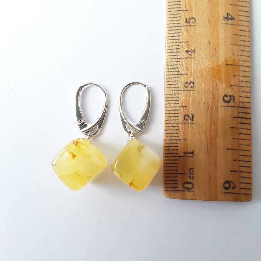 Baltic amber gemstone cube and 925 sterling silver dangle earrings lever back