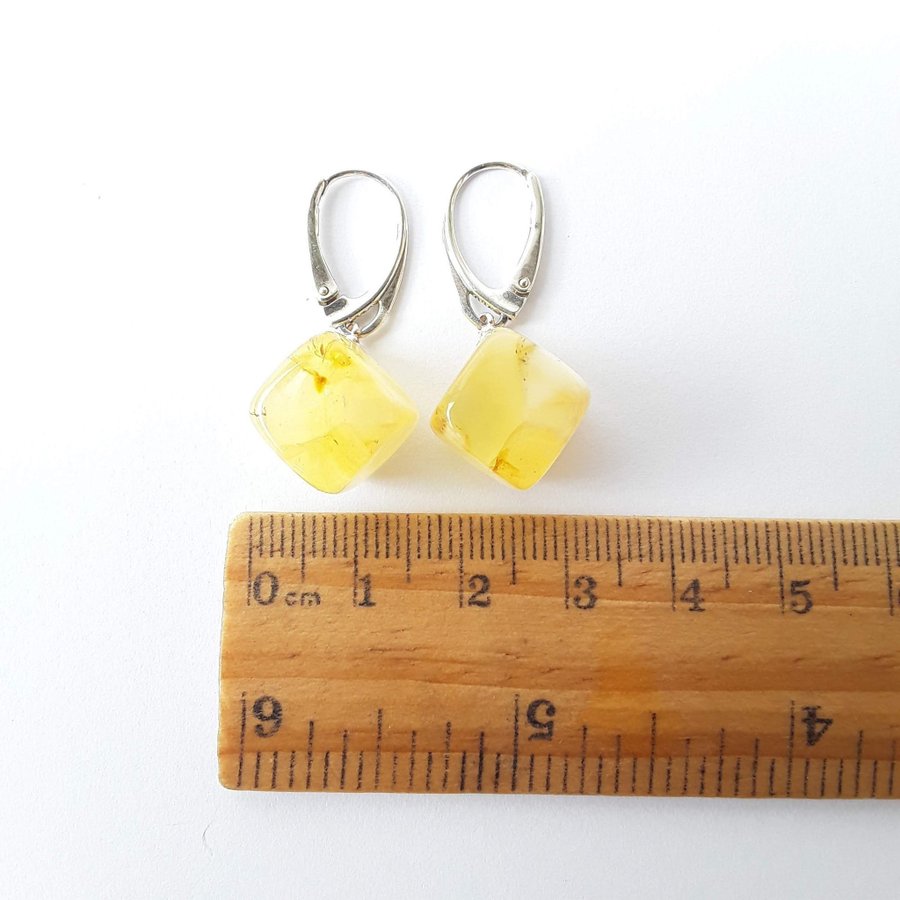 Baltic amber gemstone cube and 925 sterling silver dangle earrings lever back