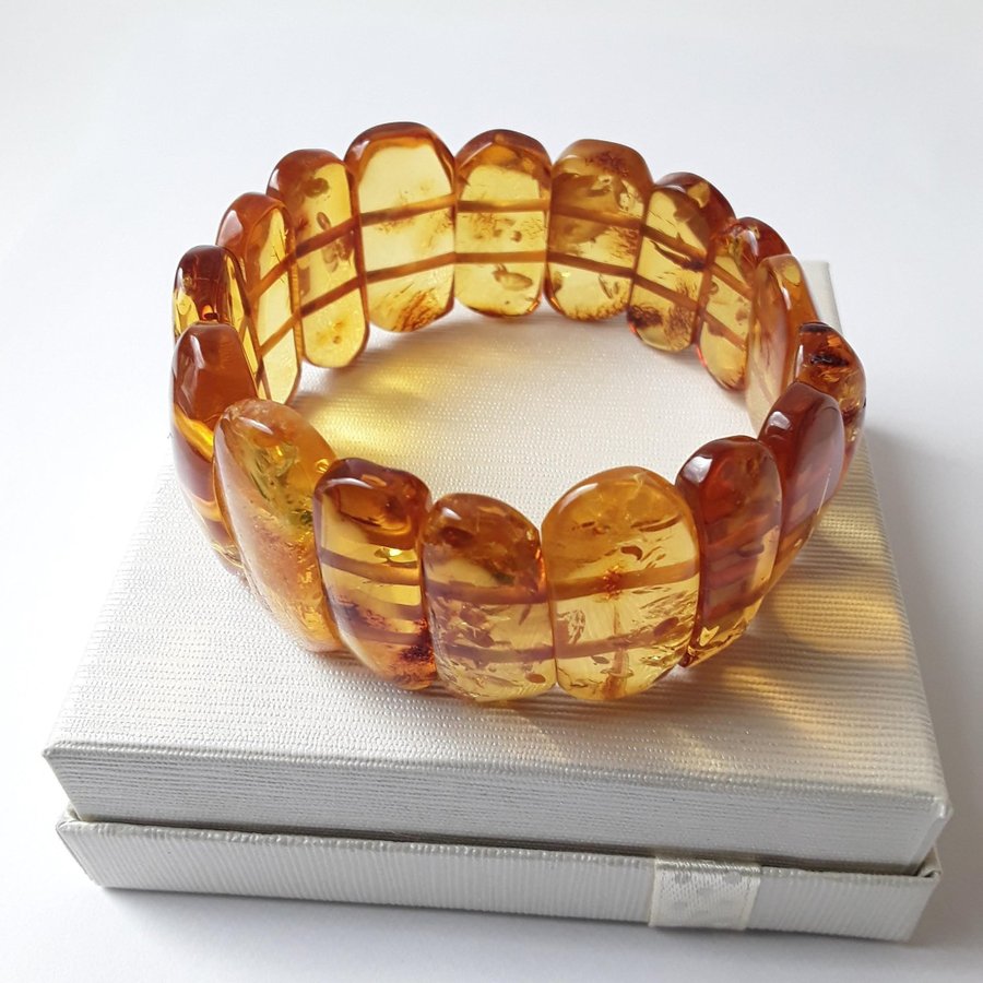 Brown Baltic amber gemstone bracelet Classic wide stretchy flat bead bracelet