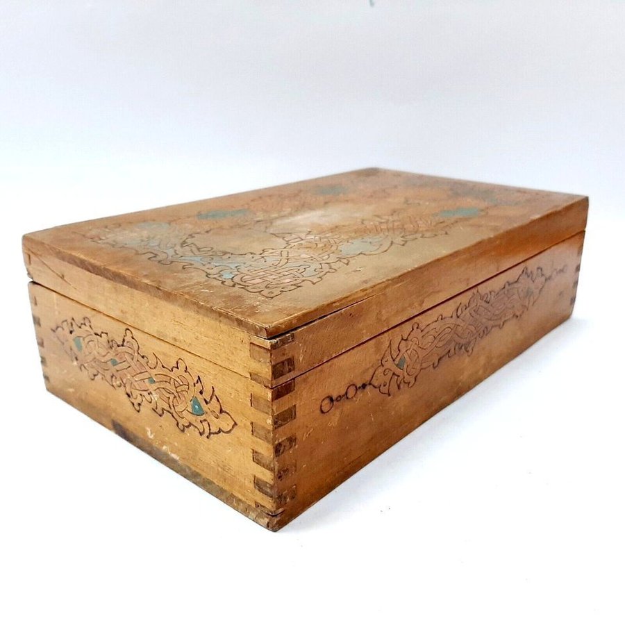 Antique Pyrography Box Arts  Crafts Mission Style Vintage Painted Wood(8.4)