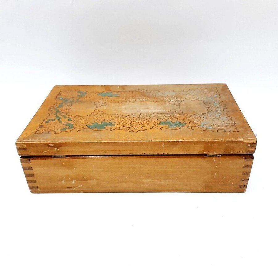 Antique Pyrography Box Arts  Crafts Mission Style Vintage Painted Wood(8.4)