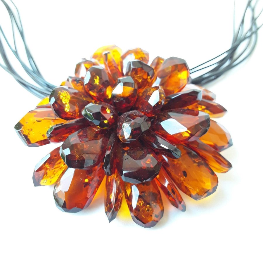 Baltic amber Flower pendant-necklace-brooch, Brown gemstone large floral jewelry