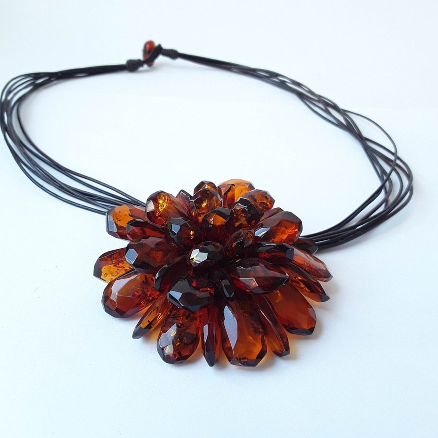 Baltic amber Flower pendant-necklace-brooch, Brown gemstone large floral jewelry