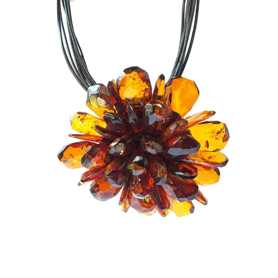 Baltic amber Flower pendant-necklace-brooch, Brown gemstone large floral jewelry