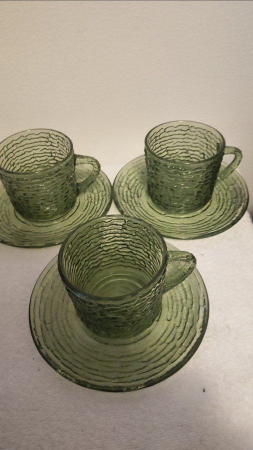 Vintage Green Anchor Hocking Soreno Glass Tekopp och fat. 3+3 st