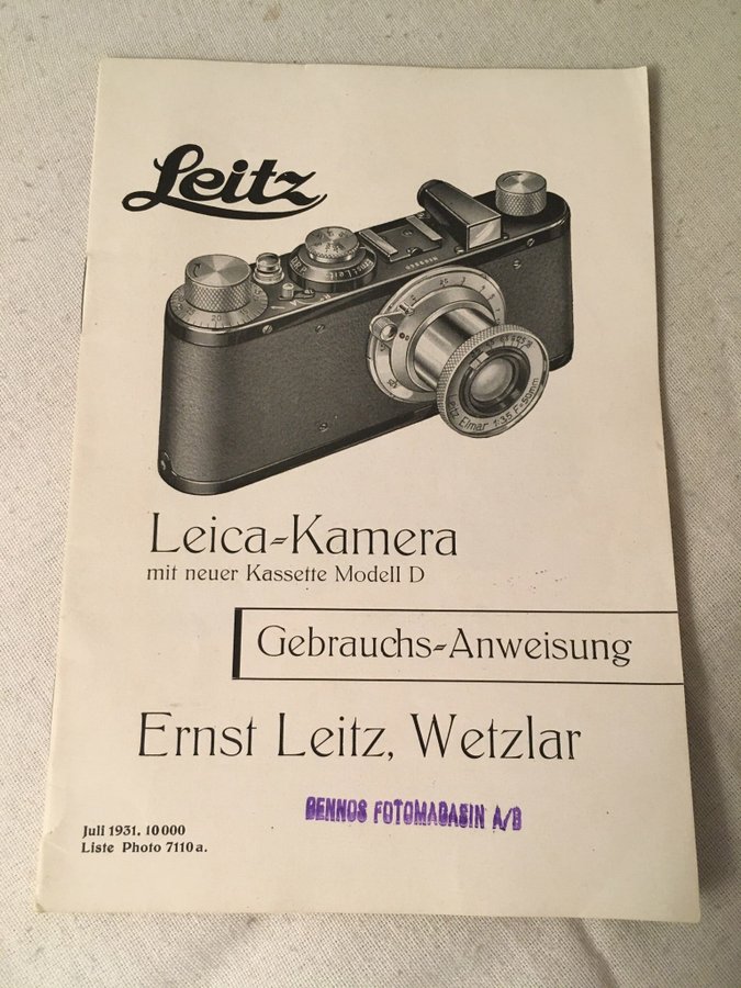 Bruksanvisning 1931 Leitz Leica kamera modell D