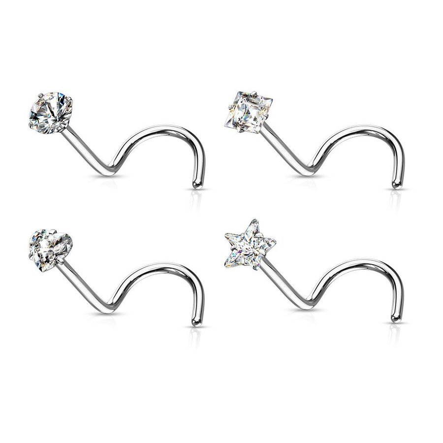 Pack 4 st. Skruvbara Näspiercing i IP-316L stål med 3 mm zirkon