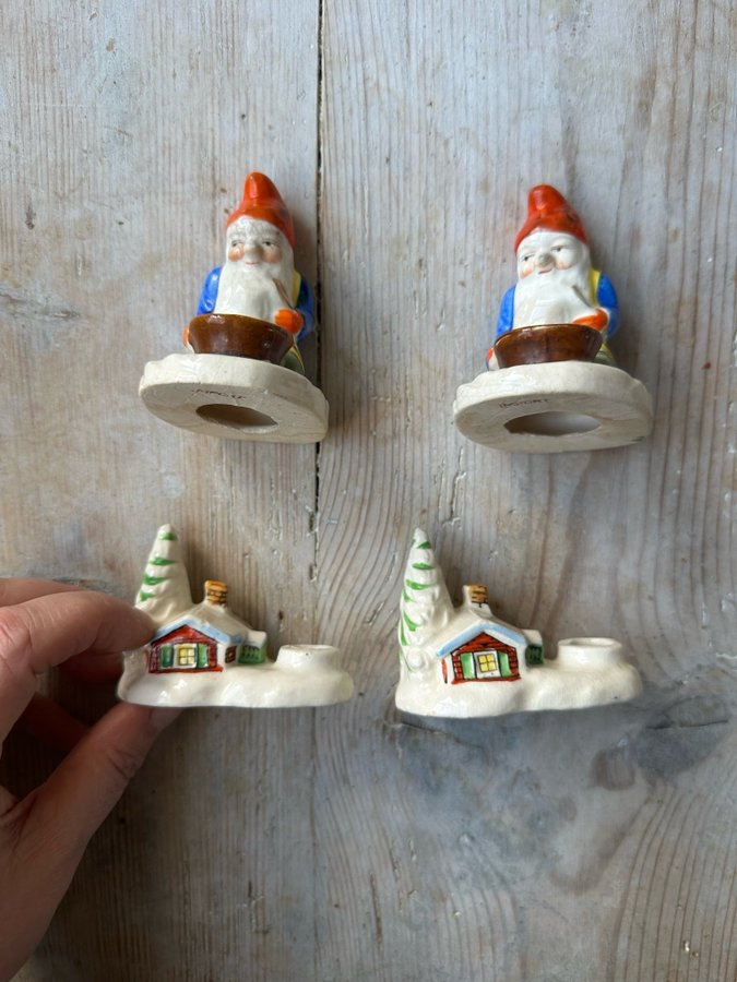 4 Ljusstakar import tomte och stuga i porslin vintage julpynt