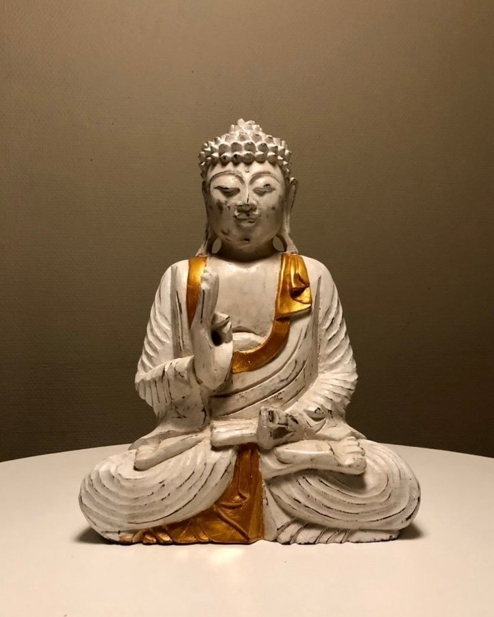 Ny - Buddha staty i trä - 30 cm - vit och guld - tillverkad för hand