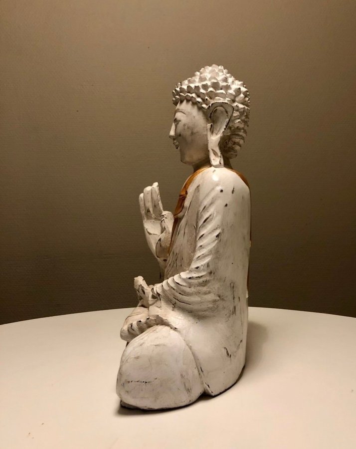 Ny - Buddha staty i trä - 30 cm - vit och guld - tillverkad för hand