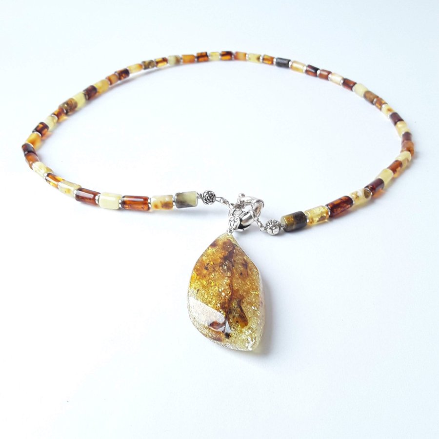 Unique Baltic amber gemstone pendant necklace, Large yellow / brown gem jewelry