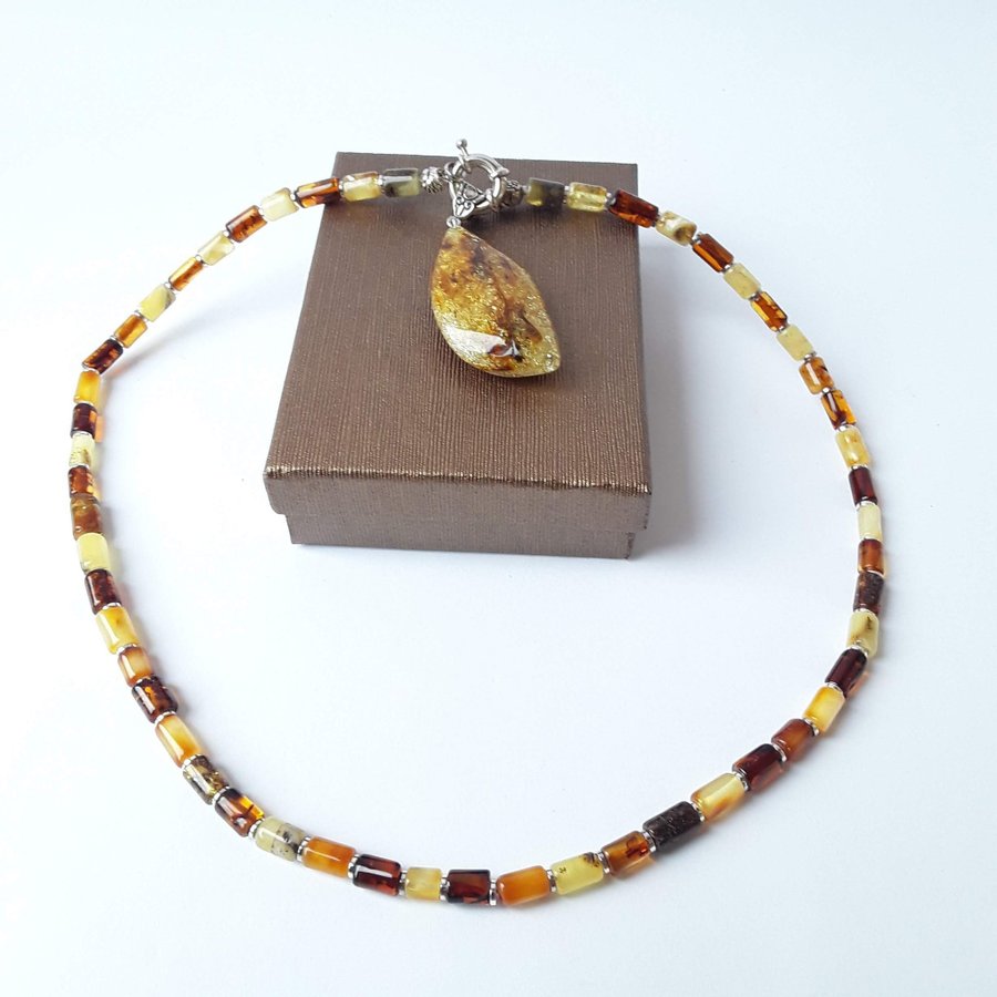 Unique Baltic amber gemstone pendant necklace, Large yellow / brown gem jewelry