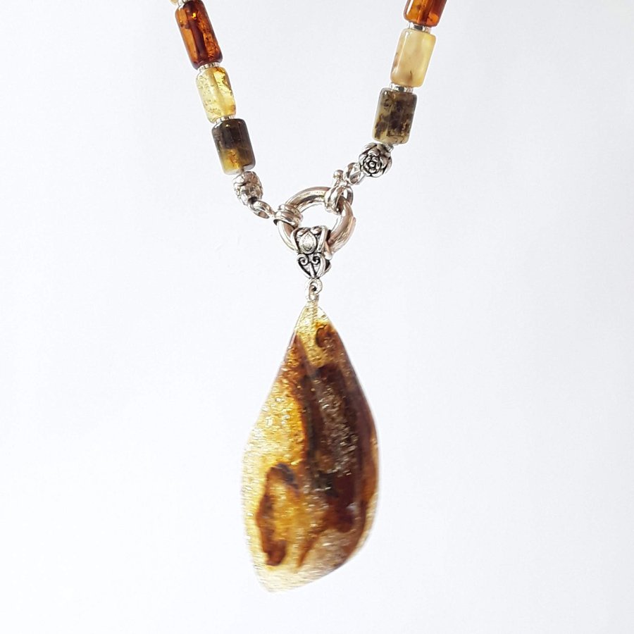 Unique Baltic amber gemstone pendant necklace, Large yellow / brown gem jewelry