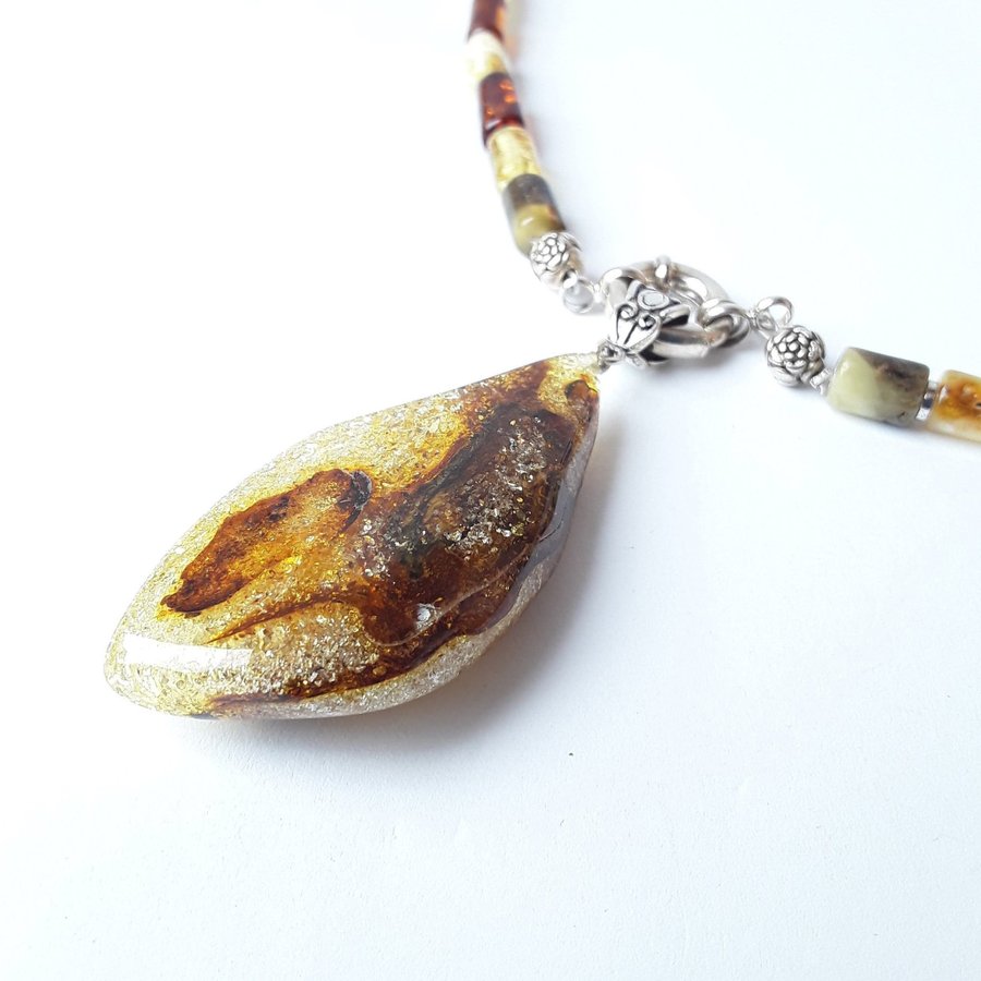 Unique Baltic amber gemstone pendant necklace, Large yellow / brown gem jewelry