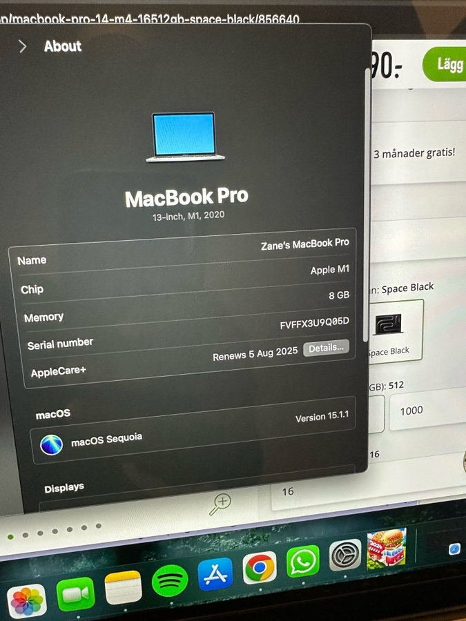 MacBook Pro 13-tums, M1, 2020 + Apple Care till 5th Aug 2025