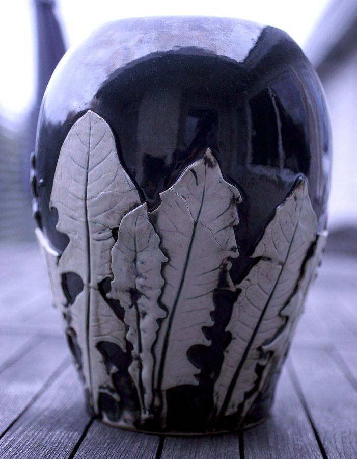 Vintage Polish glazed ceramic vase with leaf detail-freestanding-circa 1970s