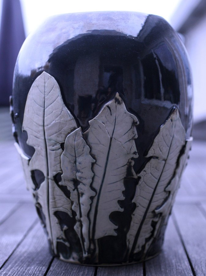 Vintage Polish glazed ceramic vase with leaf detail-freestanding-circa 1970s