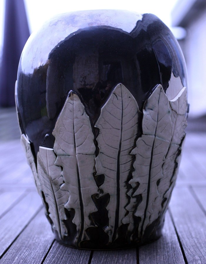 Vintage Polish glazed ceramic vase with leaf detail-freestanding-circa 1970s