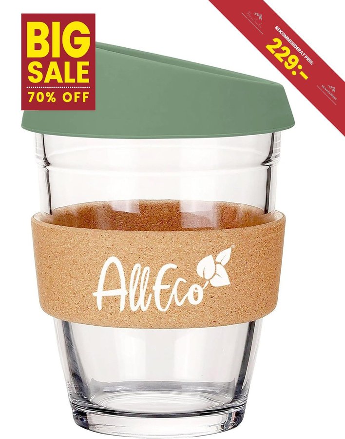 REA! 70% NY AllEco® Kaffemugg to go glas återanvändbar mugg | 340ml |