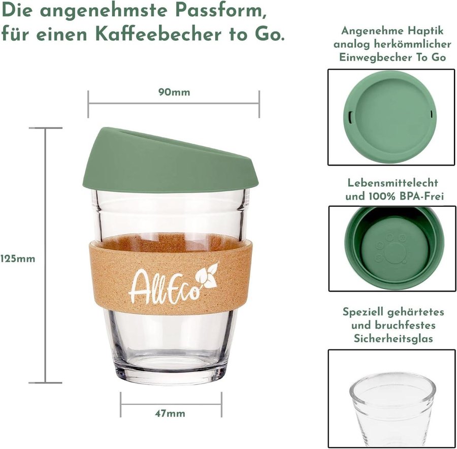 REA! 70% NY AllEco® Kaffemugg to go glas återanvändbar mugg | 340ml |