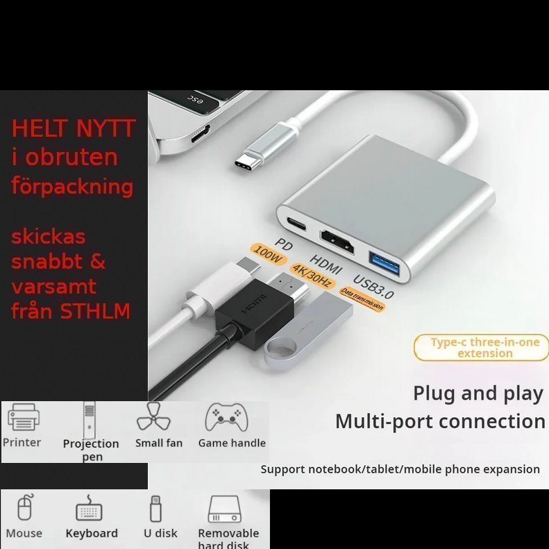 HELT NY! 3 i 1 USB Hub: USB Type-C -> HDMI/ PD/ USB 30 / Splitter