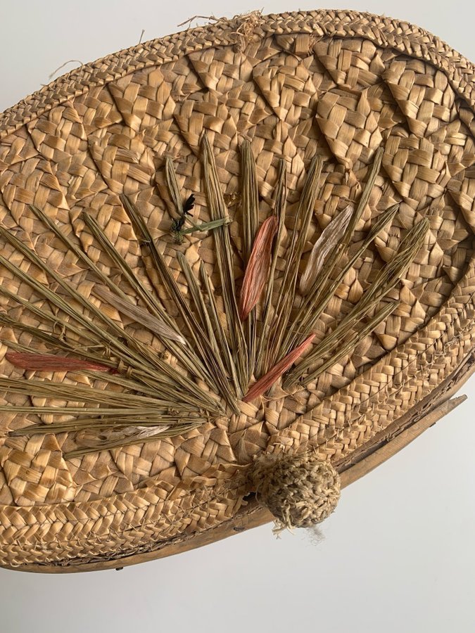 Vintage korg blommor Made In Italy Retro Wicker Basket bast strå bambu flätad