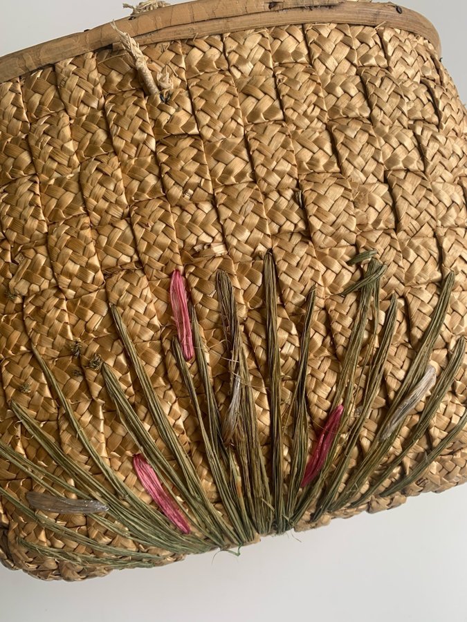 Vintage korg blommor Made In Italy Retro Wicker Basket bast strå bambu flätad