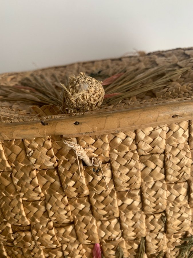 Vintage korg blommor Made In Italy Retro Wicker Basket bast strå bambu flätad