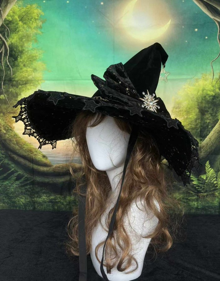 Handmade Gothic Witch Hat With Bow, Black Lolita Witches Hat, Halloween