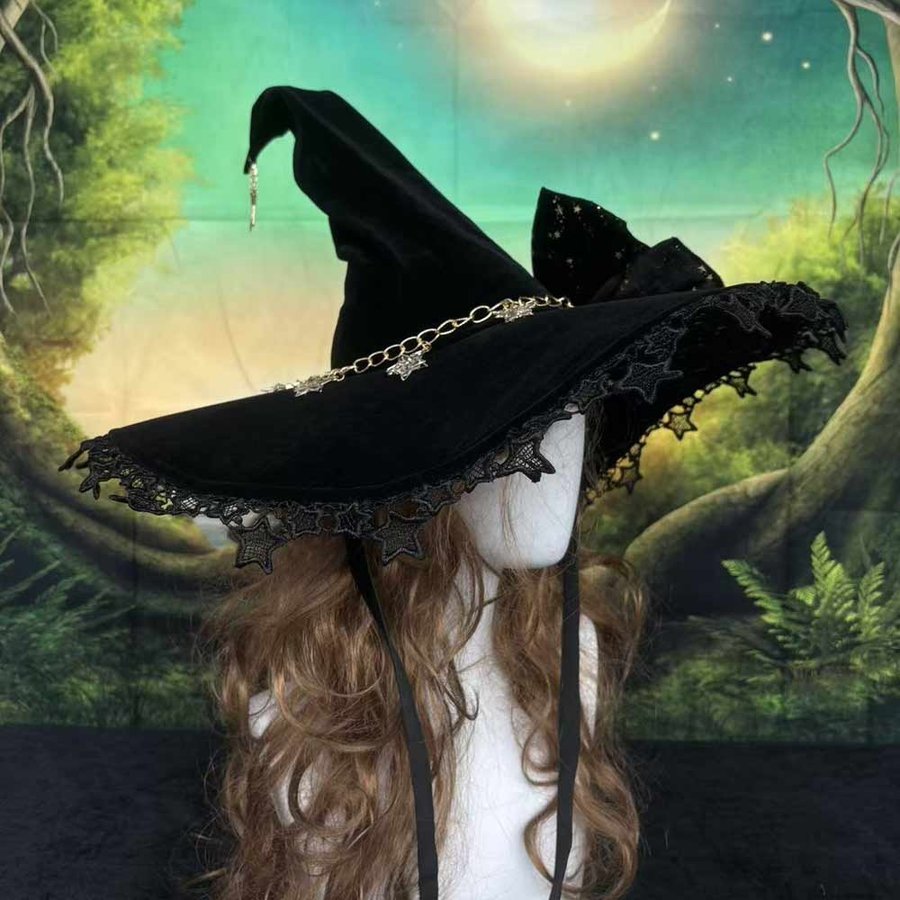 Handmade Gothic Witch Hat With Bow, Black Lolita Witches Hat, Halloween