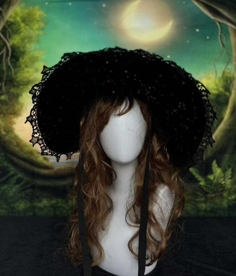 Handmade Gothic Witch Hat With Bow, Black Lolita Witches Hat, Halloween