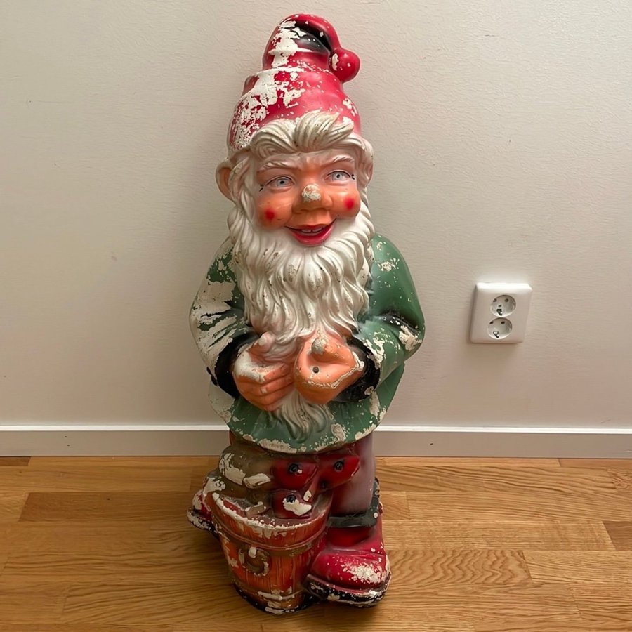 Stor Vintage Gips Tomtefigur 77cm Tomte 1900-tal.