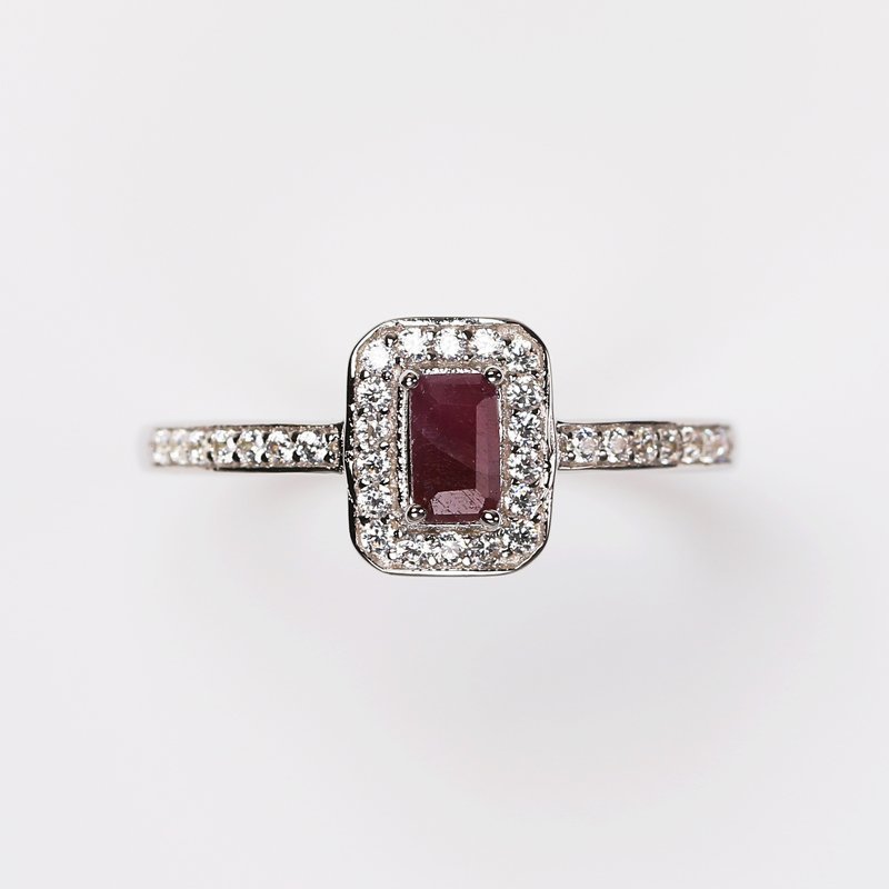 Ring i äkta silver med Rubin Ruby och vit CZ, Stl 17, Ädelsten. 925 Silver.